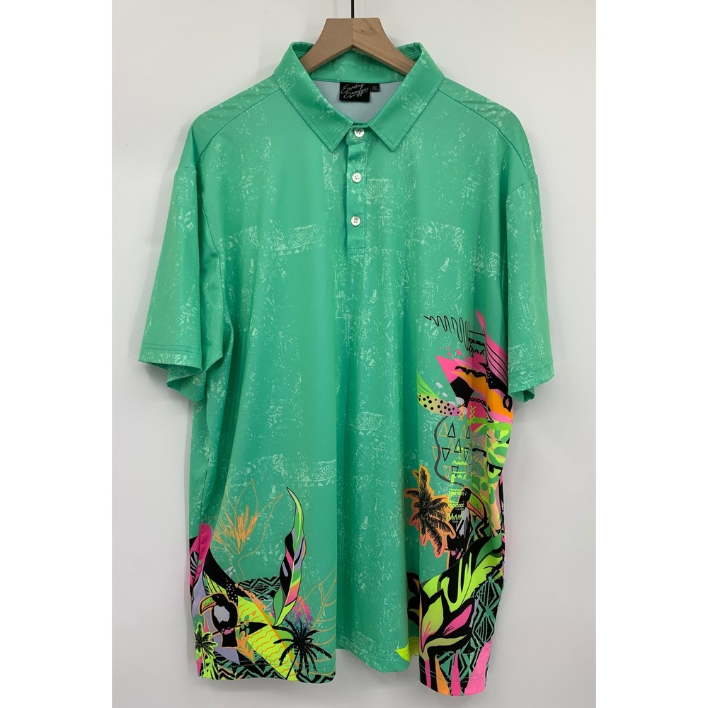 Sunday Swagger Polo Shirt Mens 2XL Green Tropical Toucan Floral Golf Performance